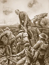 Temporary Major S.W. Loudoun-Shand helping men over the parapet while exposed to very fierce machine-gun fire